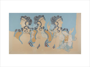 Painting of the restored Ladies in Blue Fresco from the Palace of Minos at Knossos (Evans Fresco Drawing O/7)
