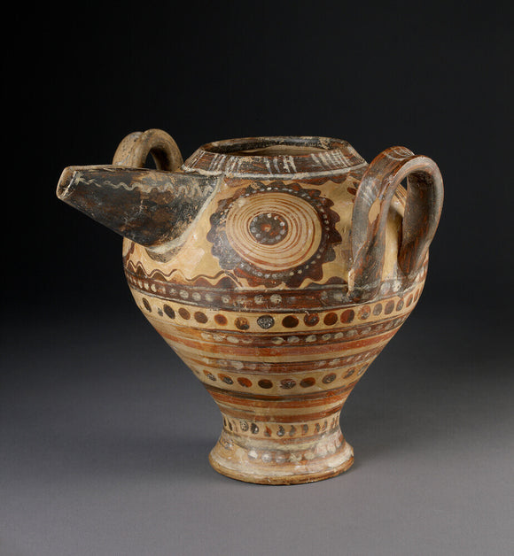 Two-handled spouted jug with dark-on-light polychrome decoration