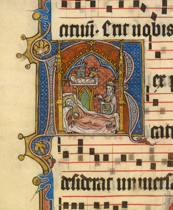 Nativity: illuminated page of music for the Christmas Vespers antiphon 'Rex Pacificus Magnificatus Est'