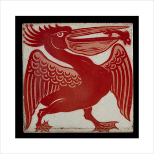 Tile with pelican walking to the right with small fish leaping out of his open beak, 1882-1888