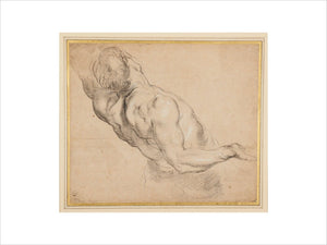 Study of a nude male torso, seen partly from behind, arms outstretched and muscles taut