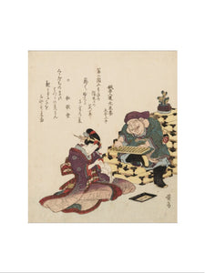 Daikoku with an abacus and a woman with a rat running up her arm