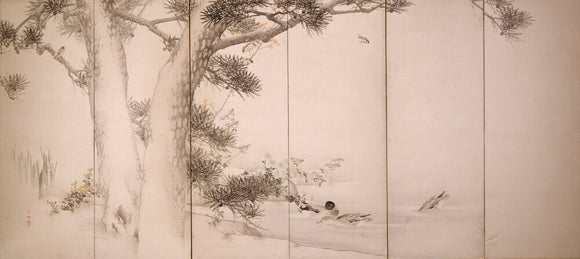 Six-fold screen depicting mallards and other birds under a pine tree, with autumn flowers