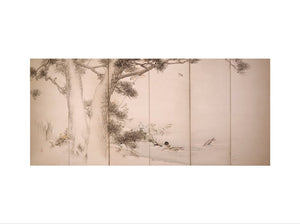 Six-fold screen depicting mallards and other birds under a pine tree, with autumn flowers