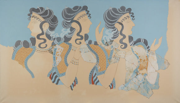 Painting of the restored Ladies in Blue Fresco from the Palace of Minos at Knossos (Evans Fresco Drawing O/7)