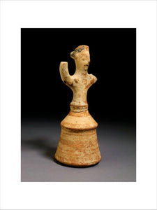 Terracotta figurine of female in bell skirt with raised arms