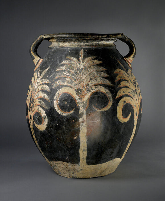 Pithos amphora; Kamares ware; decorated with white and red palm trees on black