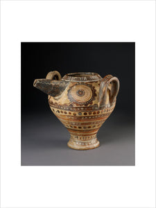 Two-handled spouted jug with dark-on-light polychrome decoration