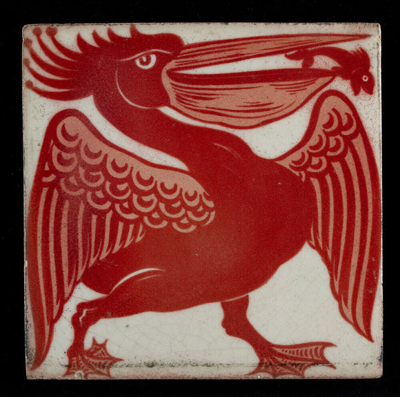 Tile with pelican walking to the right with small fish leaping out of his open beak, 1882-1888