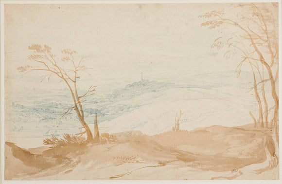 Hilly landscape with trees in foreground, a vast landscape with a church, buildings and a river