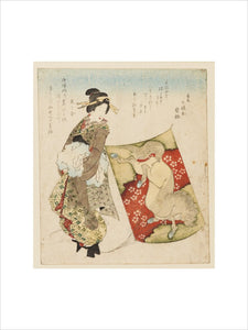 A woman as Kugatsume Kaneko with foot on the string of a kite, decorated with a horse