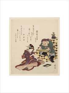 Daikoku with an abacus and a woman with a rat running up her arm