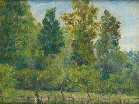 Wooded landscape: a Woman walking with a Dog