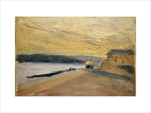 Coast Scene with yellow bus at sunset