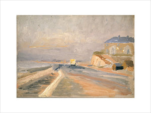 Coast Scene with yellow bus in front of large building