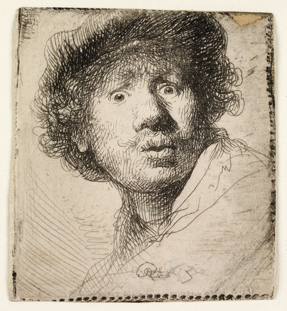 Self-portrait in a cap, open-mouthed