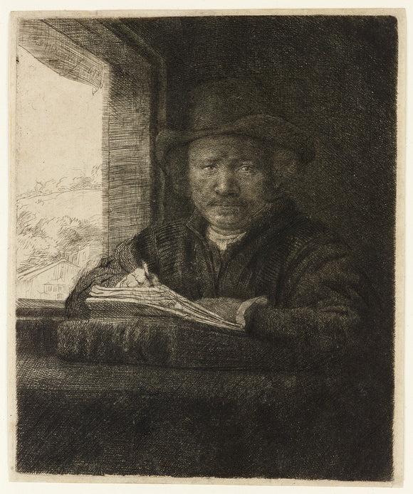 Self-portrait etching at a Window