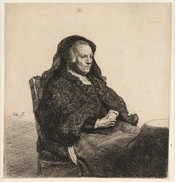 The Artist's Mother seated at a Table, looking right: three-quarter length