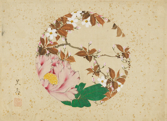 A roundel of peony and flowering cherry