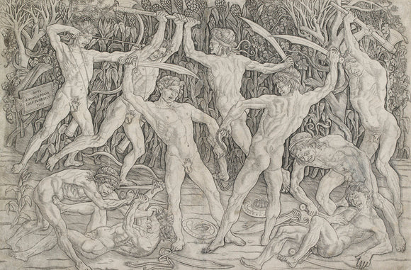 Battle of nude men in a forest