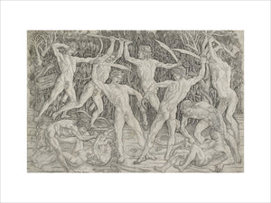 Battle of nude men in a forest