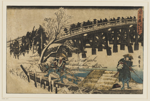 Two men in a boat under a bridge