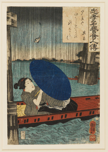 A woman in boat sheltering from the rain under an umbrella