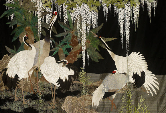 Embroidered silk hanging of cranes, wisteria and cycads