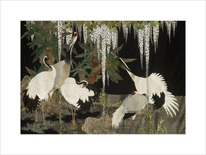 Embroidered silk hanging of cranes, wisteria and cycads