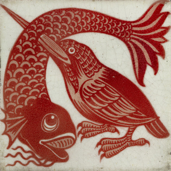 Tile with kingfisher with beak through fish