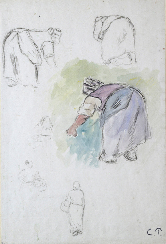 Sheet of Studies: Four Studies of a female Peasant bending, and two Studies of a Woman holding a Basket seen from the front and back
