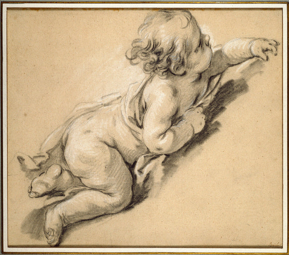A putto reclining to right