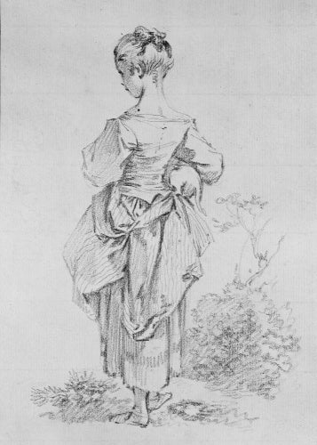 Young Girl, seen from behind, carrying a Dog under her right Arm