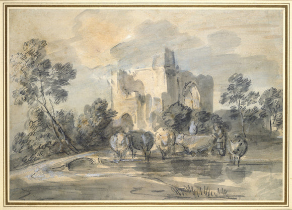 Landscape with a ruined Castle, and Cattle by a Poo