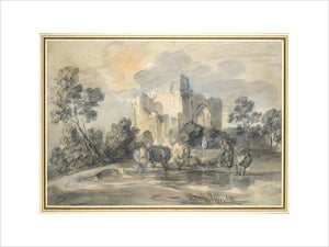 Landscape with a ruined Castle, and Cattle by a Poo