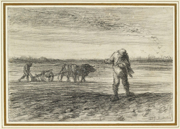 Man ploughing and another sowing