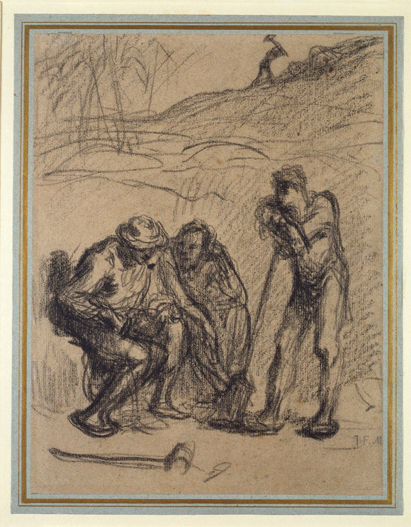 Three Peasants resting, one leaning on a Spade