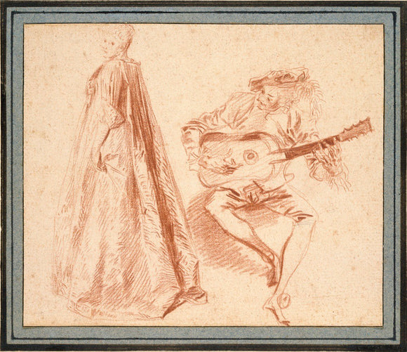 Girl standing in profile to left, looking over her left Shoulder, with a Man, on the right, playing a Guitar