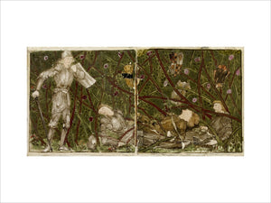 A set of sixteen tiles arranged in pairs to form eight illustrations of the 'Briar Rose' tale