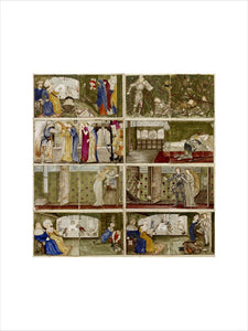 A set of sixteen tiles arranged in pairs to form eight illustrations of the 'Briar Rose' tale