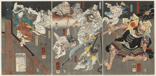 Minamoto Yoshitsune fights Benkei on Gojo Bridge, with the help of tengu demons