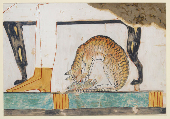 Copy of wall painting from private tomb 52 of Nakht, Thebes (I, 1, 99-102) cat eating fish