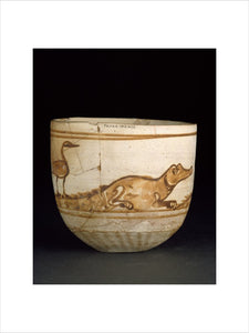 Cup decorated in red with a scene of two crocodiles with birds on their tails