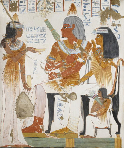 Copy of wall painting, private tomb 181 of Nebamun and Ipuky, Thebes, deceased, mother and daughter offered wine by lady