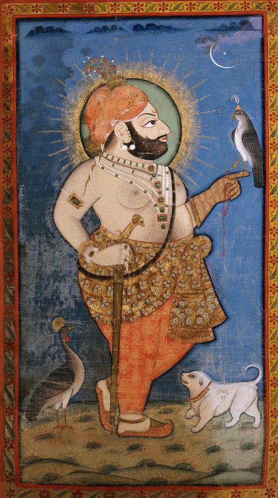 Standing portrait of Maharana Bhim Singh of Mewar, with hawk