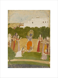 Krsna beside a river playing the flute