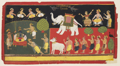 Krsna revered by Indra arriving on a white elephant