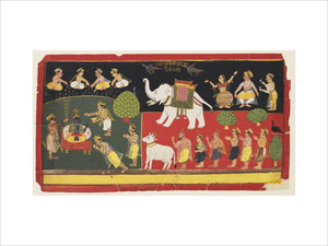 Krsna revered by Indra arriving on a white elephant