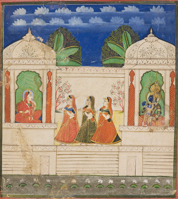 Krsna and Radha in two pavilions