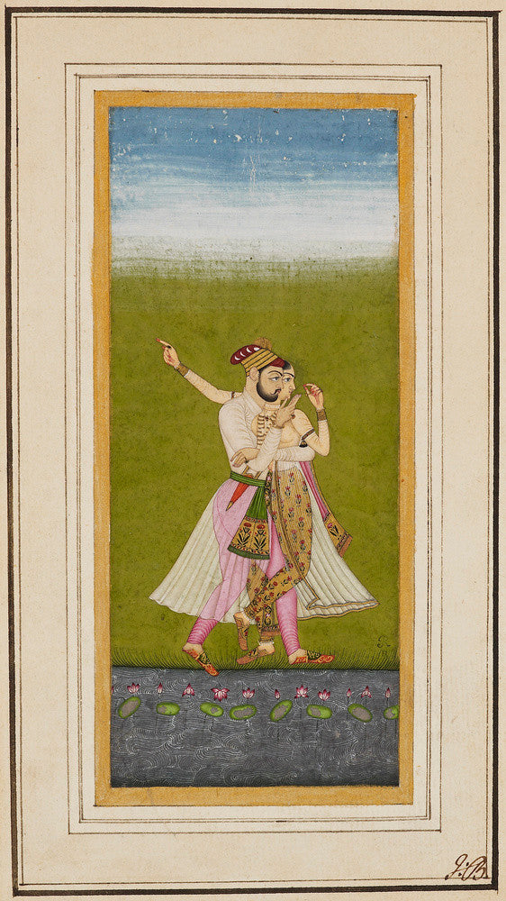 Standing lovers embracing by a lotus pool